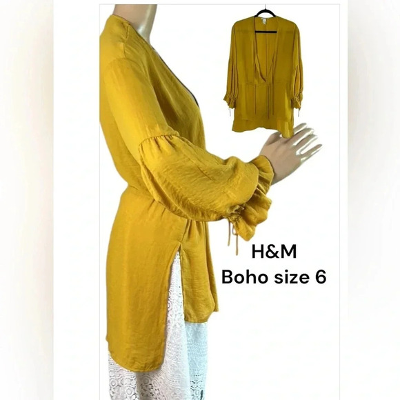 H&M  puffed sleeve hi lo tunic,peasant,boho, sz 6,  cut out,deep v,Pheobie - Picture 1 of 16